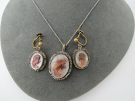 Vintage 800 Silver Cameo Style Pendant Earrings Mother Of Pearl MOP Screw Back - £30.91 GBP