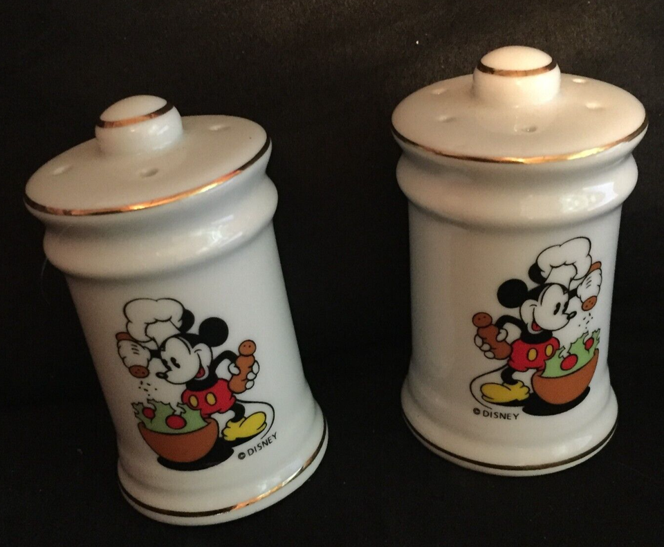 vintage Disney Micky Mouse salt & pepper shaker gold trim white - $10.69