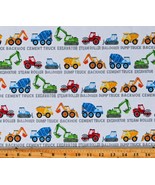 Cotton Construction Vehicles Bulldozers White Fabric Print by the Yard D... - £12.55 GBP