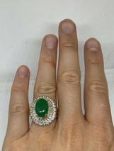 Vintage Green Jade Ring gold Finish White Sapphire Size 7 - £74.30 GBP