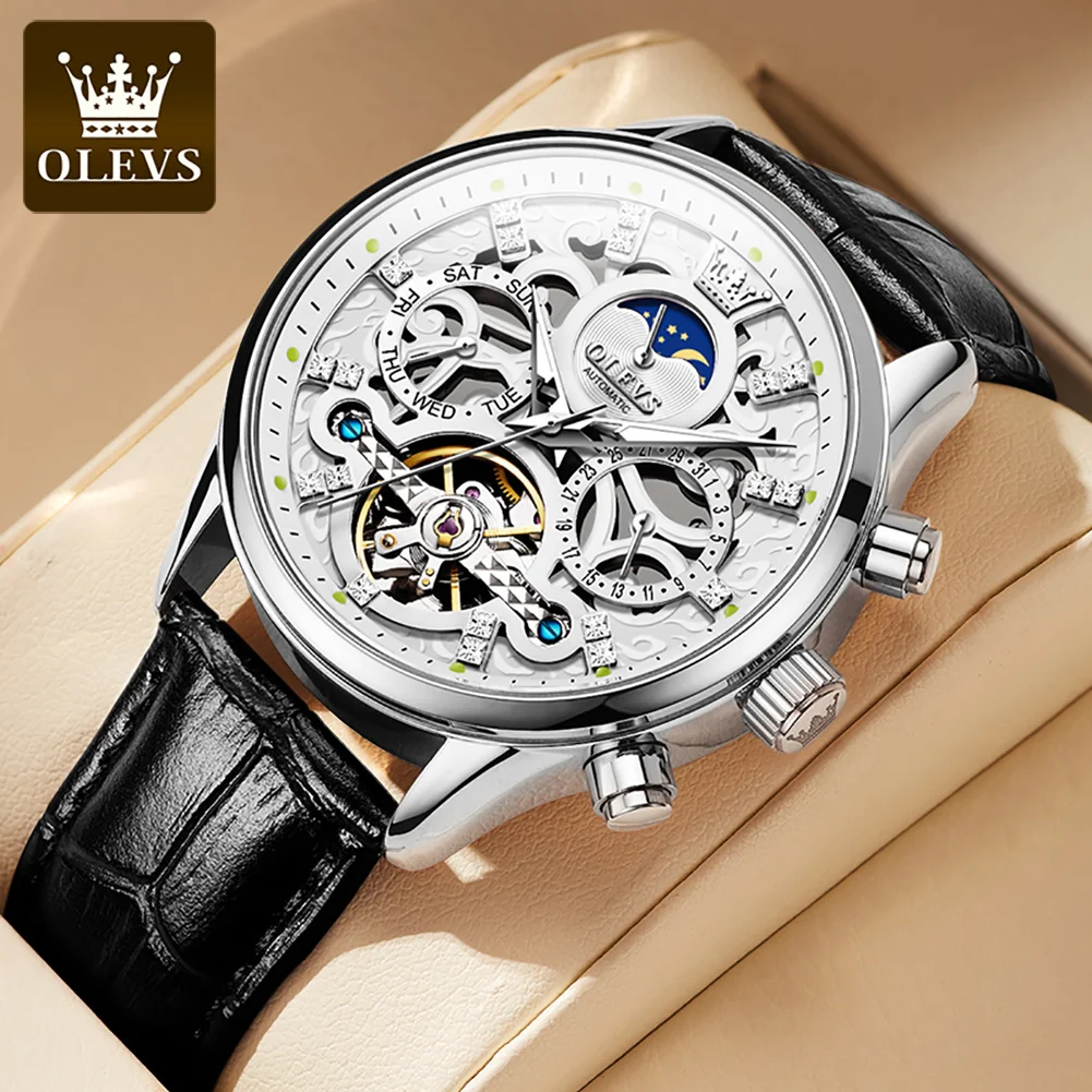 OLEVS 6658  Skeleton Men Wristwatch Automatic Clock Leather  Waterproof Casual B - £137.77 GBP