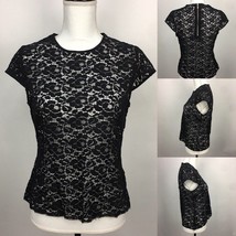 Liz Claiborne Black Lace Shortsleeve Zippered Pullover Top w Capsleeves ... - $14.01