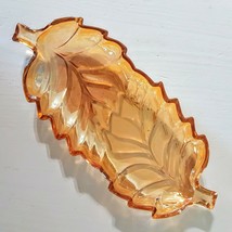 Peach Luster Candy Nut Dish 11&quot; Double Leaf Design MCM Orange Carnival G... - £9.38 GBP