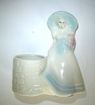 Vintage Ceramics Lady by a Well Blue Accents with Pink Flowers Planter Vase - $12.99