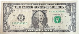 $1 &quot;Good&quot; One Dollar Bill G 00030050 D Forest Park, Georgia 6oak fancy serial - £31.96 GBP