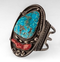 Extra Large Morenci Turquoise &amp; Coral Wide Cuff Sterling Bracelet 90mm - £1,978.40 GBP