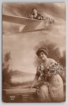 RPPC Pretty Lady And Man Flying Airplane Above Studio Prop Postcard N25 - £23.12 GBP