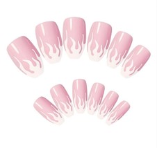 24 Pcs Press On Fake Nails Medium Coffin Pink Flame Glossy W/Design Art ... - £6.74 GBP
