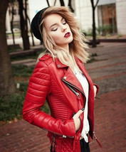 New Stylish Women Genuine Lambskin Leather Jacket Red Handmade Biker Motorcycle - £85.77 GBP