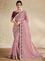 Beautiful Pink And Wine Embroidered Traditional Wedding Saree46 - £80.82 GBP