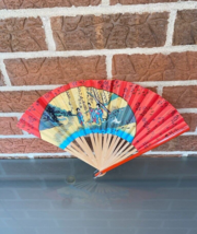 Vintage Japanese Folding Fan Paper And Wood With Geishas And Landscape 1950s - £15.55 GBP