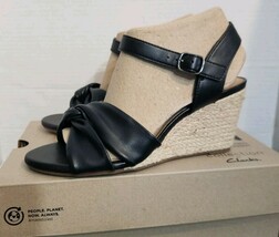 Clarks Women’s Margee Beth Black Wedge Sandal Size 7.5 W Espadrille Leat... - $43.51