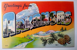 Greetings From Arkansas Large Big Letter Linen Postcard Mountains Trees Pinecone - £9.71 GBP