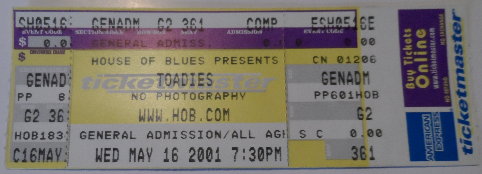 The Toadies 2001 Tour Full Ticket Stub House Of Blues NM Alt Rock Fort W... - $9.77