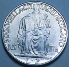 Vatican City 2 Lire, 1942 Gem Unc~Justice Seated With Tablets Of Law~Free Ship - £13.93 GBP