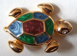 TURTLE Brooch Pin Brightly Enamel Green Blue Red Gold Tone Setting Crystal Stone - £14.38 GBP