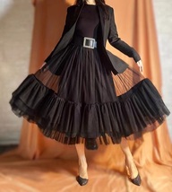 BLACK Tiered Tulle Skirt Outfit Adult Black Layered Tulle Midi Skirts Plus Size  image 2