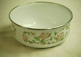 Old Vintage 6-1/2&quot; Mixing Serving Bowl Enamelware w Pink Floral Designs - £15.81 GBP