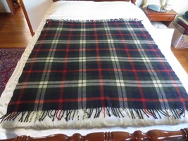 Dry Cleaned Navy Green Black Red Plaid Wool Fringed Throw - 50&quot; X 55-1/2&quot; - £34.36 GBP