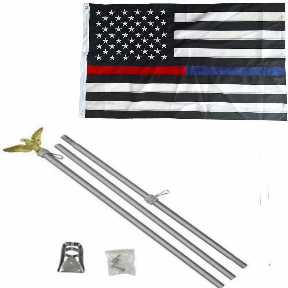 USA Thin Red Blue Line Embroidered Nylon Flag Aluminum Pole Kit Set Eagle 3x5 3' - $34.88