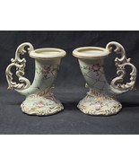 Vintage CHARLETON AWCO Floral Cornucopia Vase - Hand Decorated Matched P... - $33.92