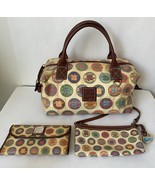 Vtg Dooney &amp; Bourke medallion travel  handbag purse w/wallet &amp; wristlet ... - $124.99