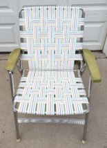 Webbed Lawn Chair Folding Greenish Yellow Arm Rests Striped Webbing - £24.12 GBP