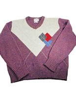 Argyle Wool Vneck Sweater Maroon Gray Long Sleeve Mens Size XL Vintage - £17.36 GBP