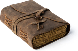 Vintage Leather Journal Lined Pages with Key - Antique Handmade Deckle Edge - £47.40 GBP