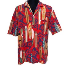 Royal Creations Hawaiian Shirt Red Hibiscus Floral Surfboards Aloha Size Medium - £17.42 GBP