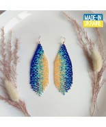 Long beaded earrings with gradient, blue-azure-beige-orange, gift - $27.00