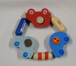 Haba Wood Wooden Baby Rattle Triangle Circle Toy Jingle Bell Car Blue Red Clutch - £18.17 GBP