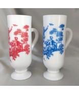 Lot (2) Vintage AVON Red/Blue Toile Milk Glass Demitasse Footed Cups/Bud... - $16.10 CAD