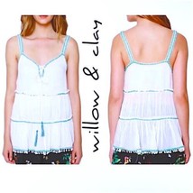 Willow Clay Boho Breeze Embroidered Tank Medium 6 8 White Green Lined Top Flowy - £25.40 GBP