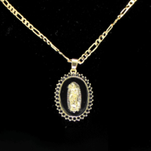 Virgin Mary iced Black Cz Pendant 14k Gold Plated 20&quot; Figaro Chain Necklace - £9.89 GBP