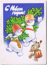Postcard 1981 Russian Happy New Year Snowmen Tree Rabbit Drum - £2.82 GBP