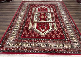 Wool Kazak Pattern Rug 7x10 Geometric Pakistani Handmade Carpet Red Cream Green - £1,472.27 GBP