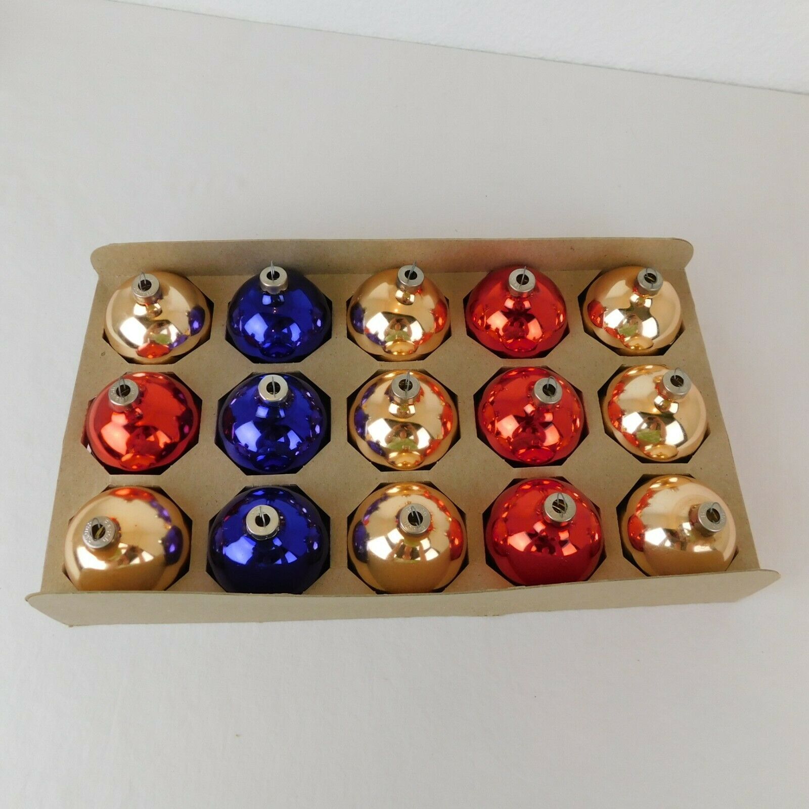 Primary image for Lot of 15 Rauch Glass Ball Christmas Ornaments Blue Gold Red 2.25" wide Vintage