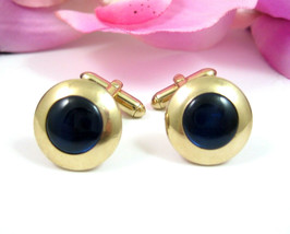 Swank COBALT Blue CUFFLINKS Round Goldtone MEN&#39;S Vintage Cuff Links Togg... - $20.78