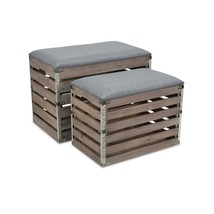 Set Of 2 Rectangular Gray Linen Fabric And Wood Slats Storage Benches - $4,239.21 MXN