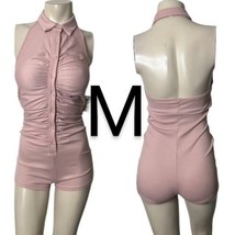 Mauve Pink Ribbed Mock Neck Collar Halter Button Up Romper~Size M - £29.82 GBP