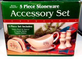 Royal Seasons 5Pc Stoneware Table Set Snowman Gravy Bowl Napkin Candle Sticks - £22.47 GBP