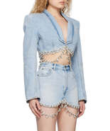 Spliced Diamonds Tassel Denim Lapel Long Sleeve Coat High Waist Mini Skirt - £109.30 GBP+