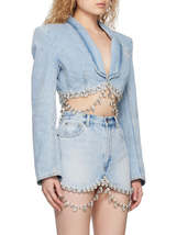 Spliced Diamonds Tassel Denim Lapel Long Sleeve Coat High Waist Mini Skirt - £108.63 GBP+