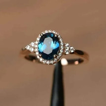 2Ct Oval Simulated London Blue Topaz Halo Engagement Ring 14K Rose Gold Plated - £33.07 GBP