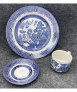 Churchill Blue Willow 3 Piece Set-Dinner Plate, Cup And Saucer England - $15.83