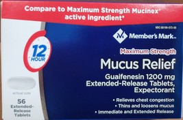 NIB Member&#39;s Mark Mucus Relief Max Strength Guaifenesin 1200mg 56ct  EXP 4/26 - £16.79 GBP