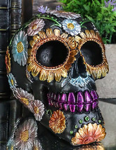 Ebros Black Day of The Dead Floral Blooms Sugar Skull Figurine Skulls 6&quot; Long - £21.57 GBP