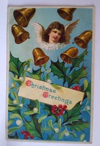 Christmas Greetings Postcard Cherub Angel Wings Embossed Bells Flowers G... - $16.15