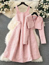 New Winter Pink Woolen 2 Pieces Dress Set Spaghetti Strap Plaid Tweed Midi Dress - £85.97 GBP